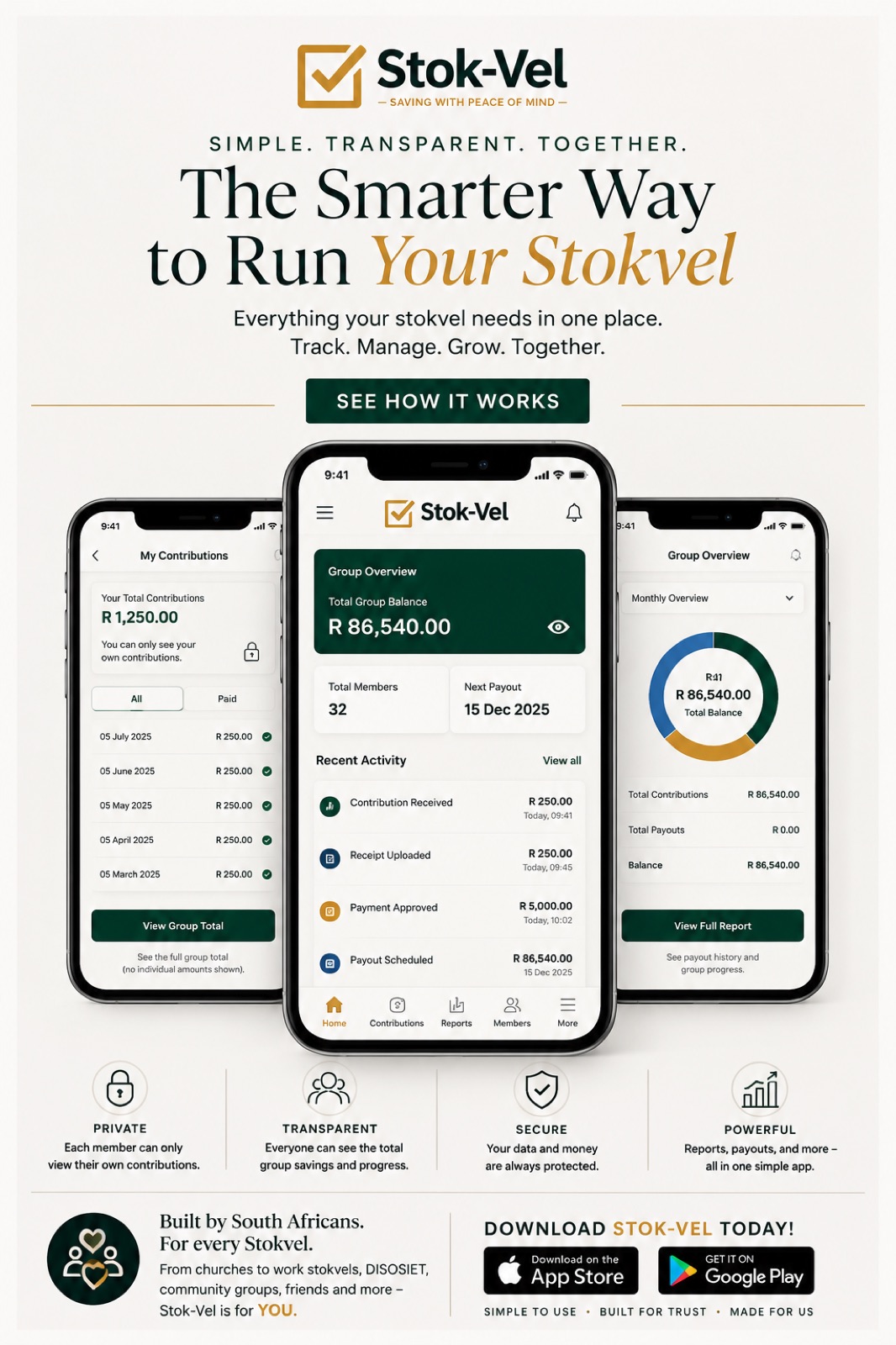 The smarter way to run your stokvel — private contributions, group overview and reports, side by side on three phones