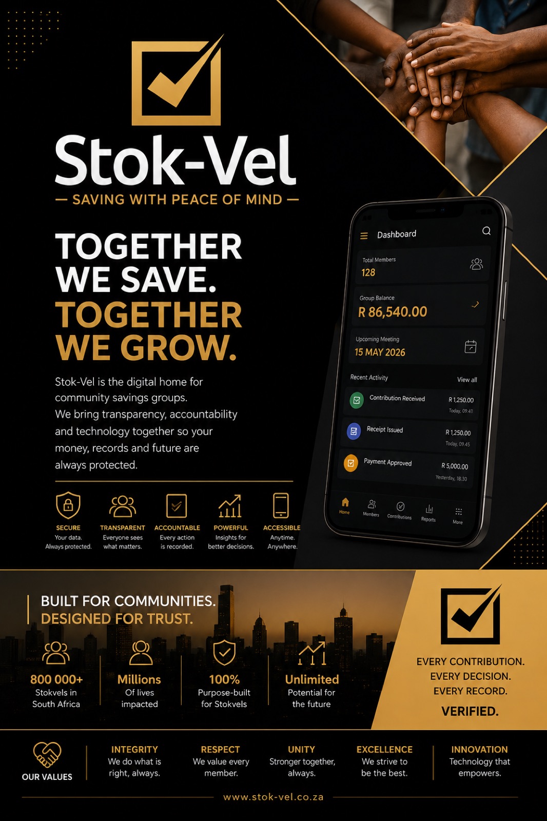 Together we save, together we grow — Stok-Vel values: integrity, respect, unity, excellence, innovation